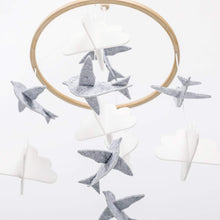 Load image into Gallery viewer, Grey Birds in the Clouds, Baby Crib Mobile