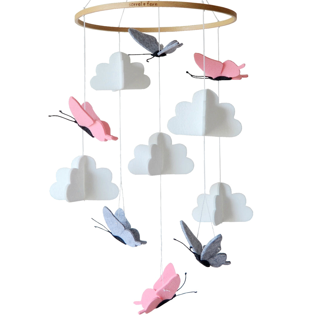Butterflies in the Clouds, Baby Crib Mobile (Pink & Grey)