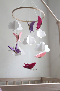 Butterflies in the Clouds, Baby Crib Mobile (Pink, Purple & Fuschia)