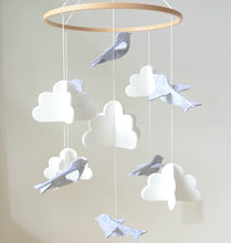 Load image into Gallery viewer, Grey Birds in the Clouds, Baby Crib Mobile