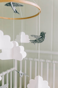 Grey Birds in the Clouds, Baby Crib Mobile